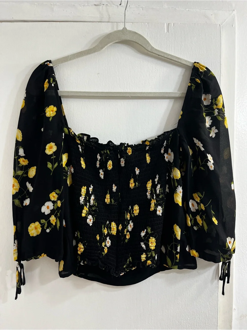 Reformation Black Floral Smocked Off-Shoulder Blouse with Yellow & White Blooms